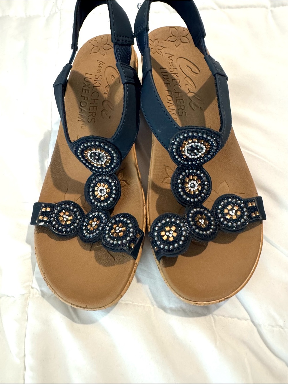 Skechers Navy Beaded T-Strap Sandals with Tan Footbed